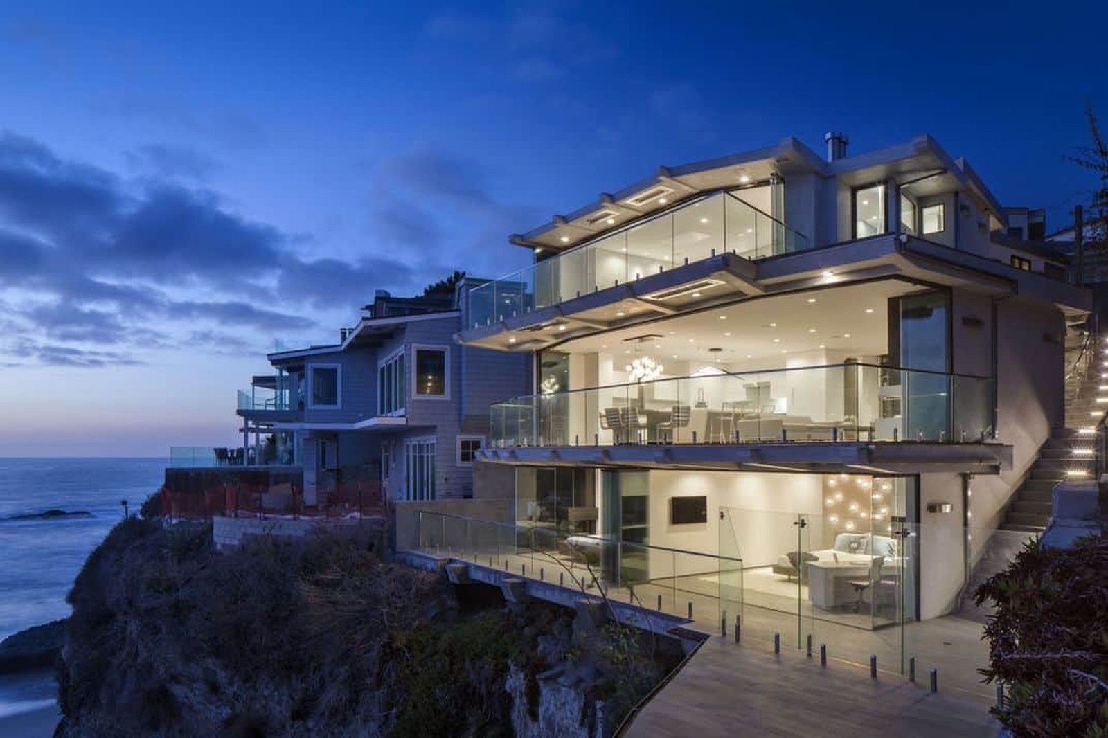 Laguna Beach oceanfront luxury estate at night